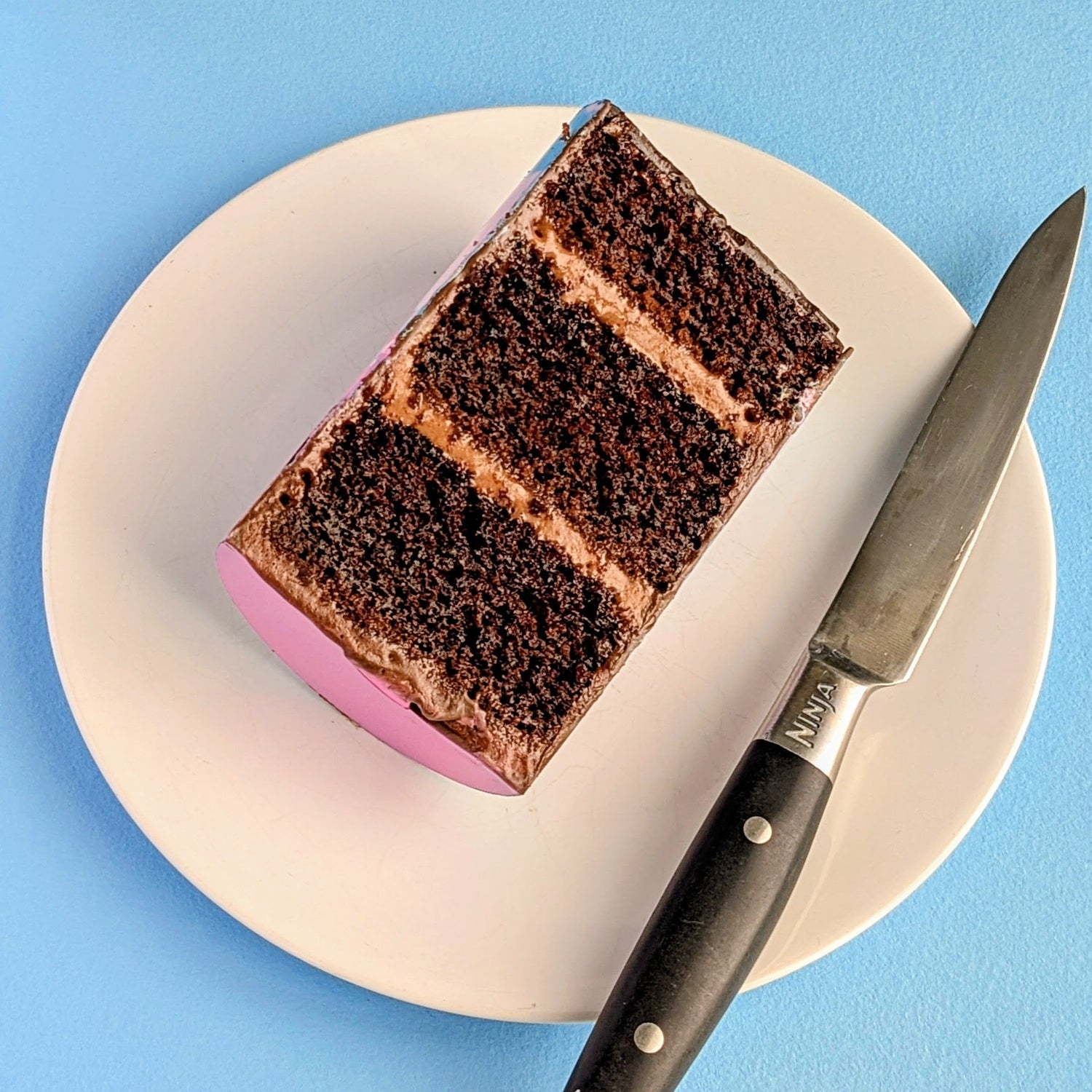 Slice of chocolate cake on a white plate with a knife against a blue background